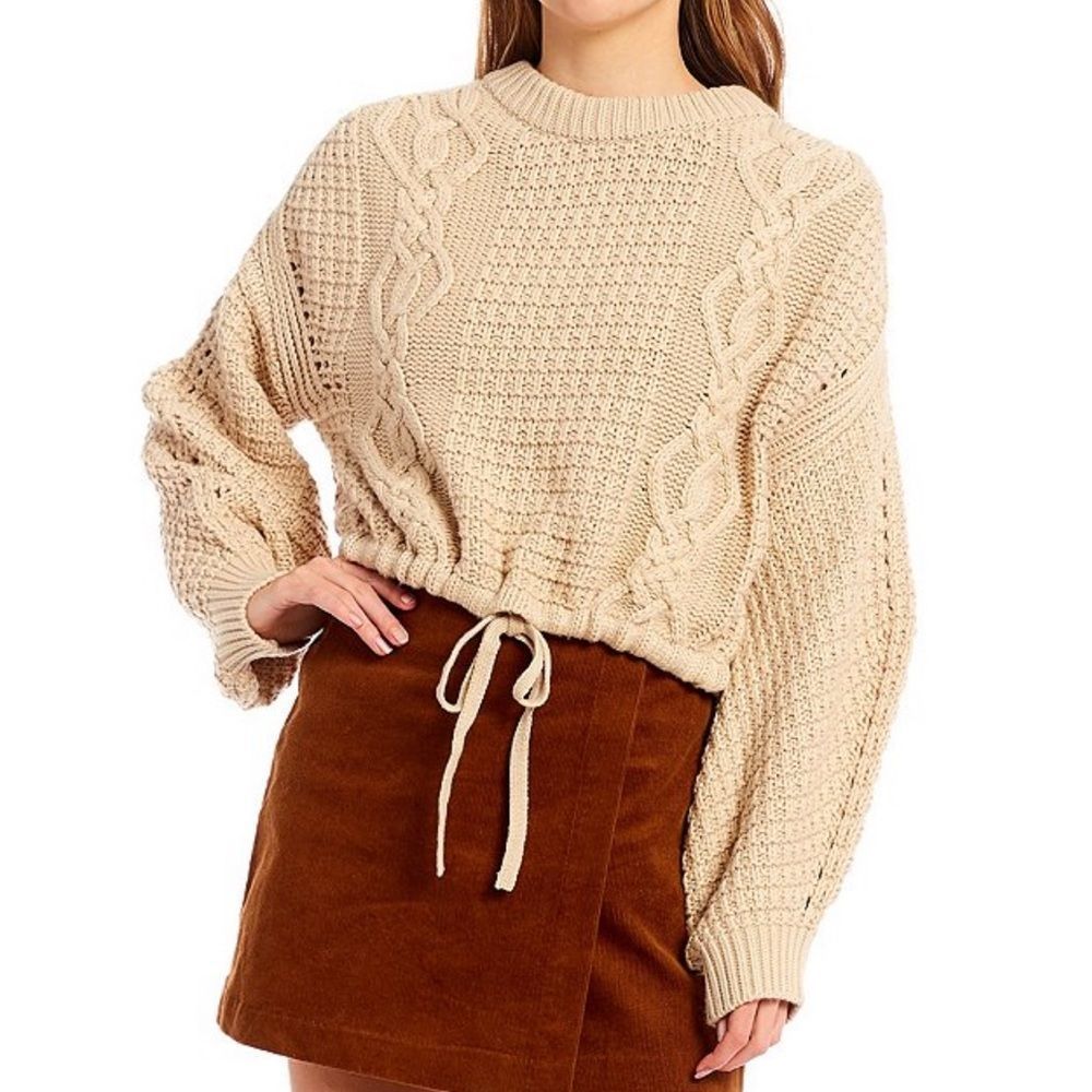 NWT Gianni Bini Crew Neck Balloon Sleeve Drawstring Waist Cable Knit Sweater MED